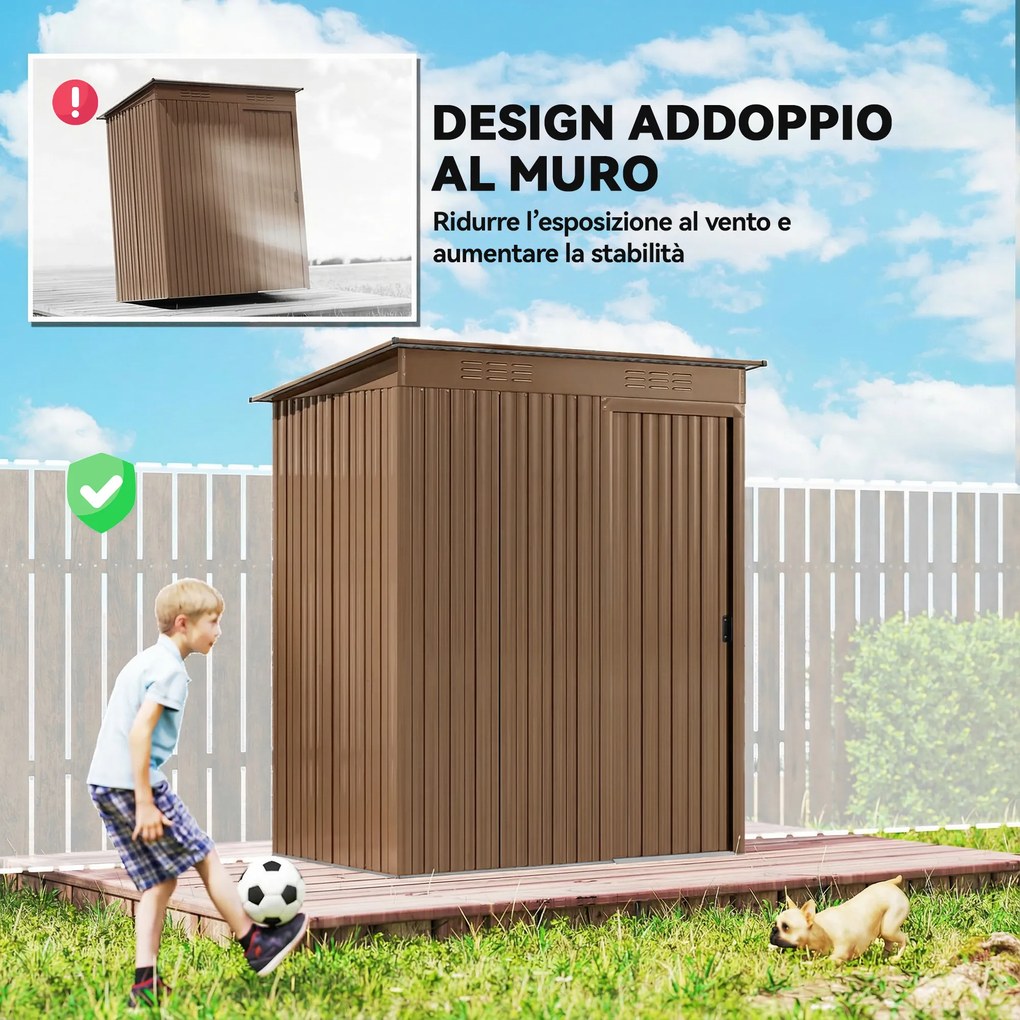 Casetta da Giardino 159x106x181 cm con Prese d'Aria e Porta Scorrevole in Metallo Marrone...