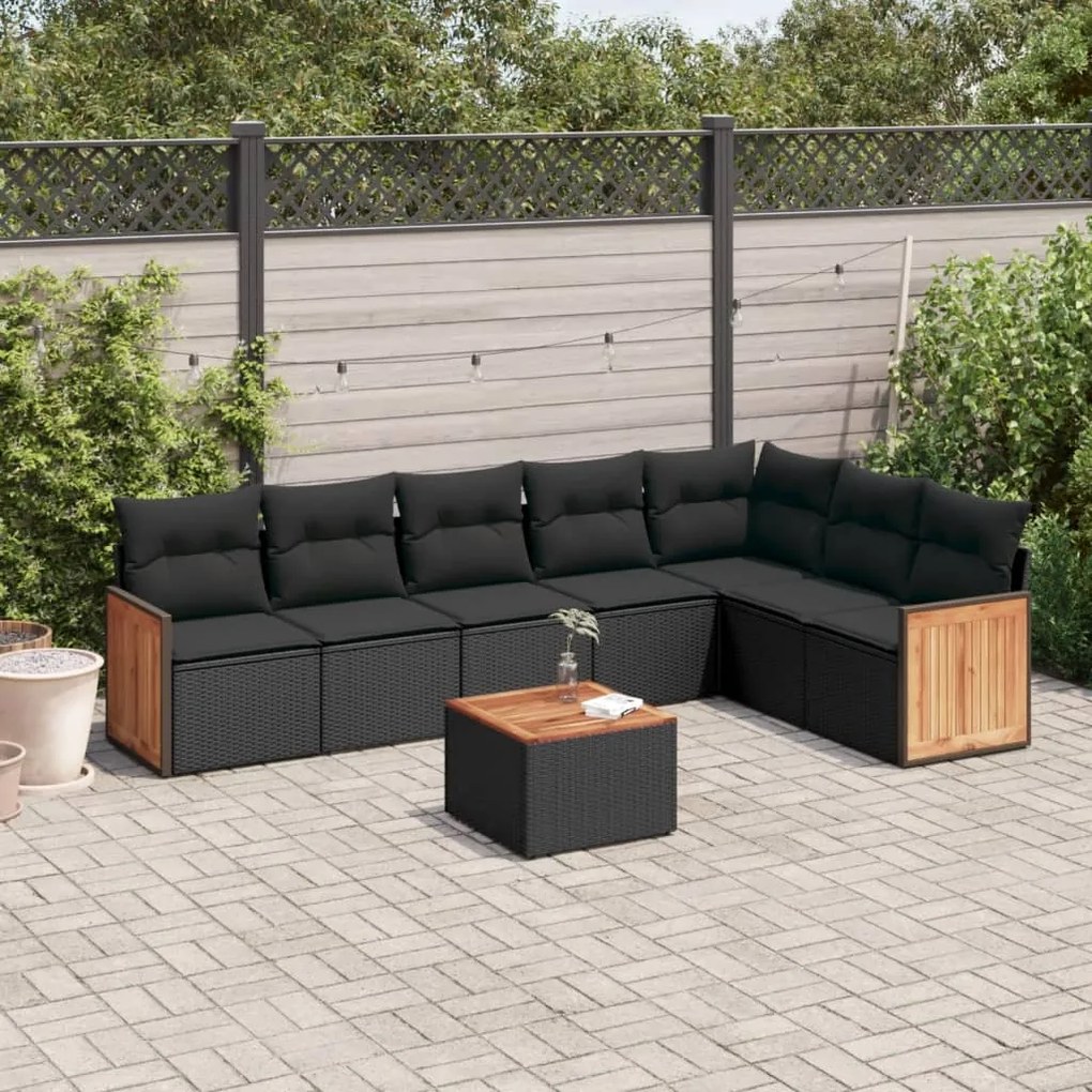 Set Divani da Giardino con Cuscini 8 pz Nero in Polyrattan