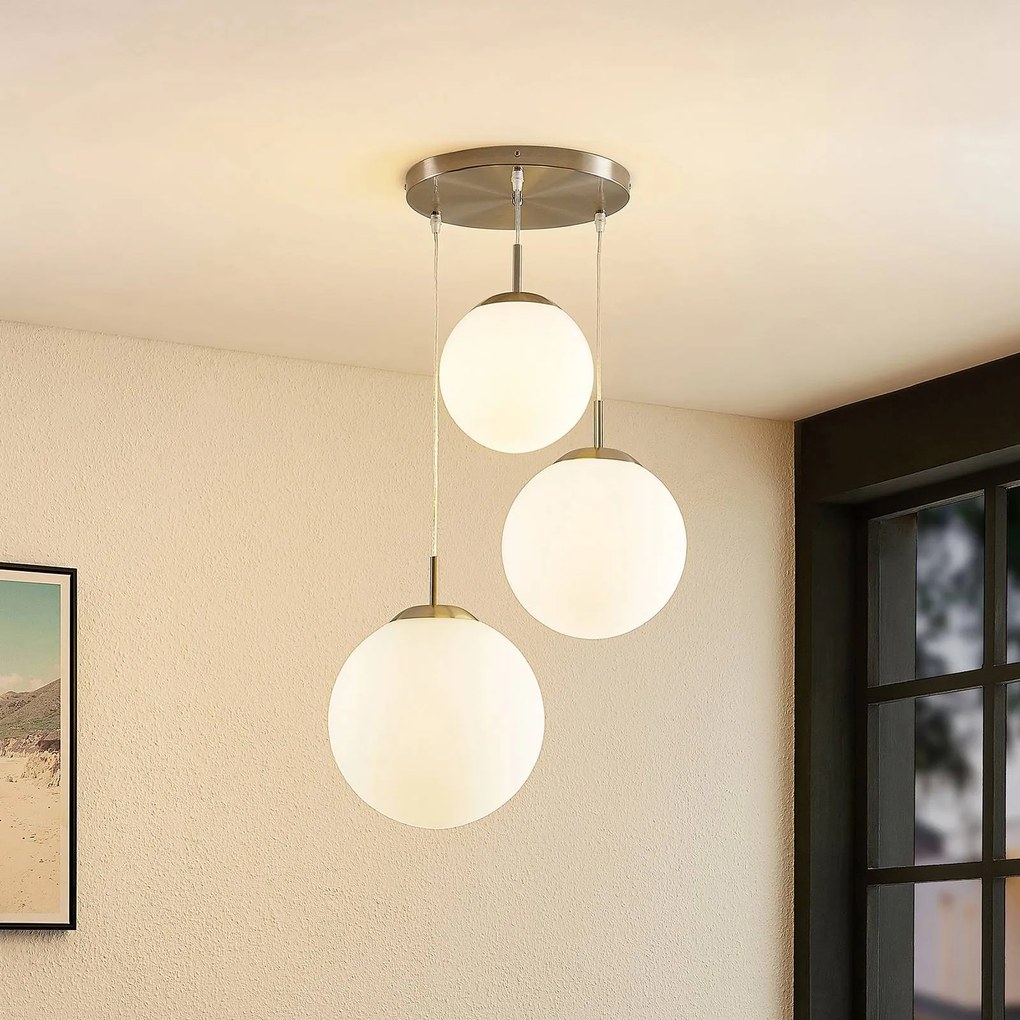 Lindby lampada a sospensione Heleska, bianco, vetro, a 3 luci, Ø 47 cm