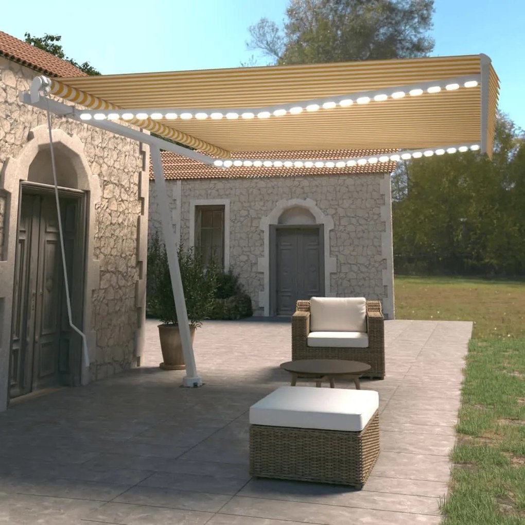 Tenda Da Sole Retrattile Manuale Led 450x350 Cm Gialla Bianca /