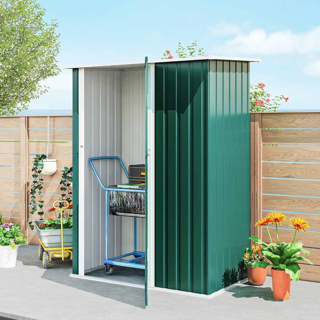 Capanno Porta Attrezzi 142x86x189 cm con Tetto Inclinato e Porta Bloccabile in Metallo Verde...