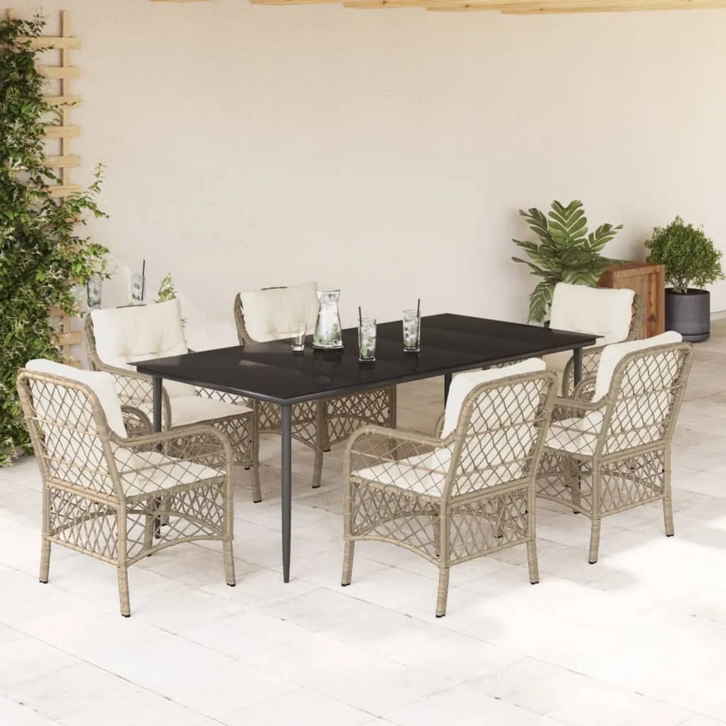 Set da pranzo da giardino 7 pz con cuscini beige in polyrattan