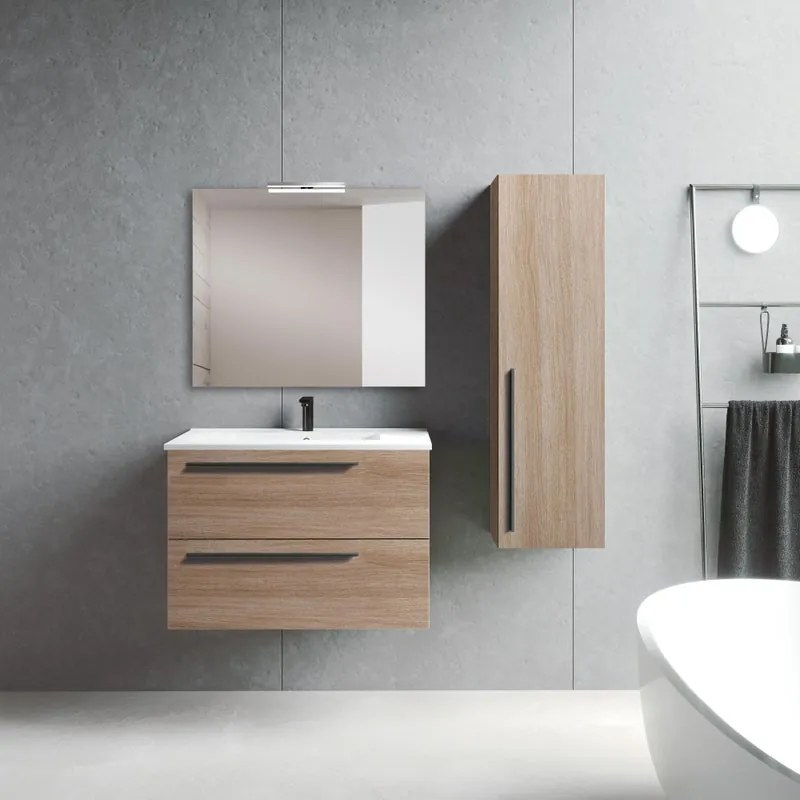 Mobile sottolavabo, lavabo e specchio Mia canela in truciolare L 80 x H 55 x P 45 cm 1 vasca 2 cassetti, top incluso