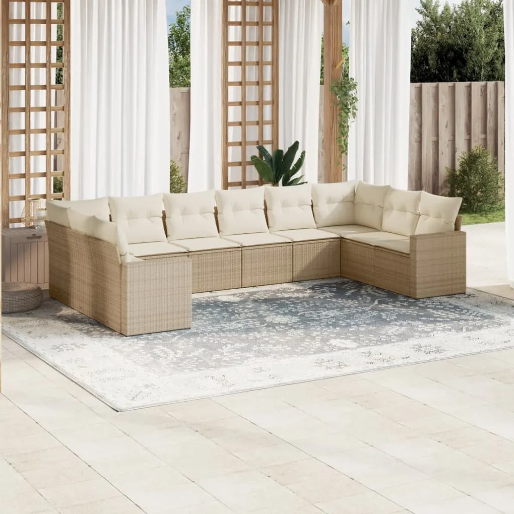 Set divano da giardino 10 pz con cuscini beige in polyrattan