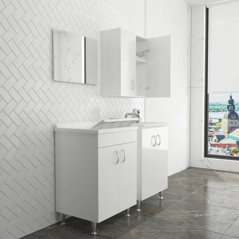 Set da 60 cm con lavatoio base e pensile in legno bianco Fedra