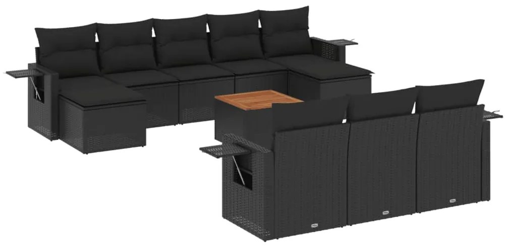 Set divani da giardino 11 pz con cuscini in polyrattan nero