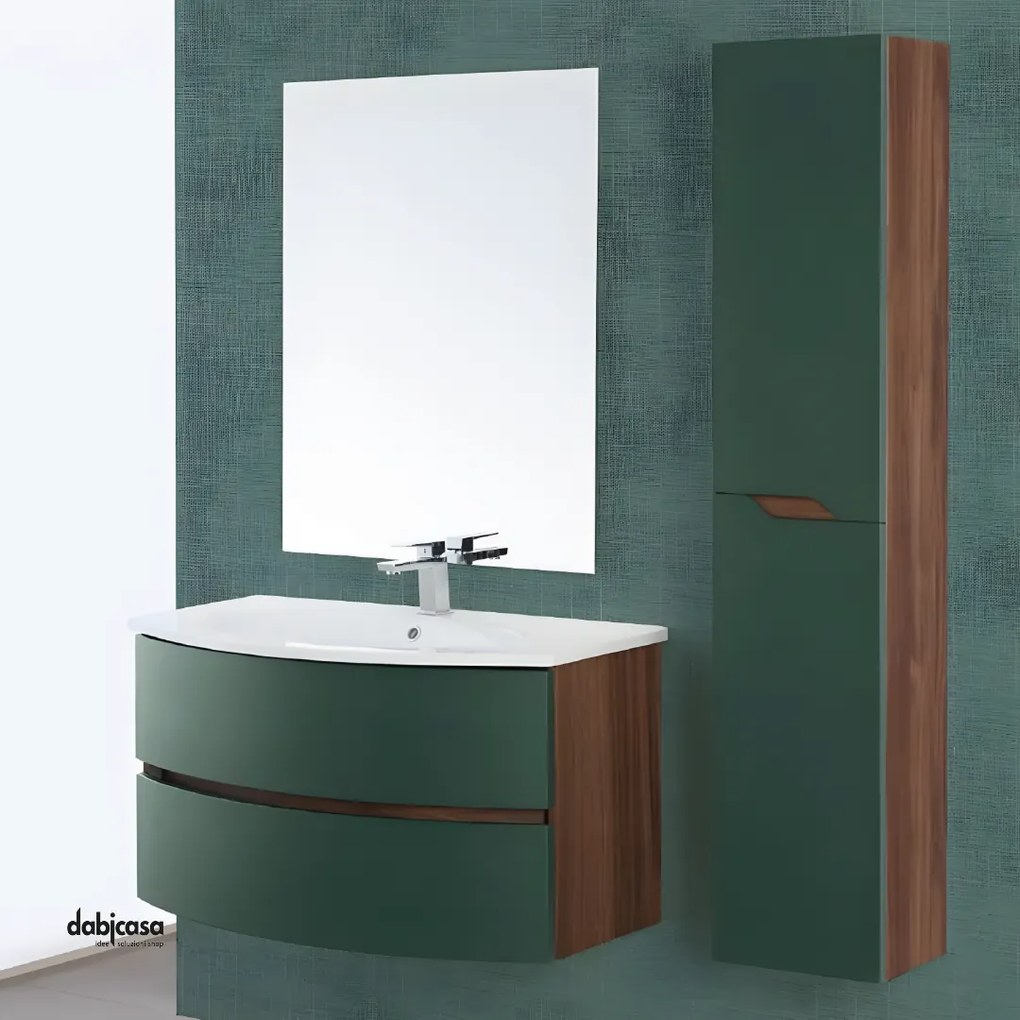 Mobile Bagno Sospeso "Maiori" Da 90 Cm Composto Da Due Cassetti Finitura Verde Bottiglia/Noce Canaletto