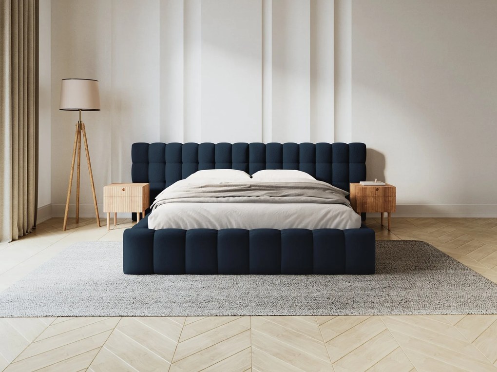 Letto matrimoniale Mamaia in tessuto strutturato Neve con contenitore e testiera doppia - 200x200 cm