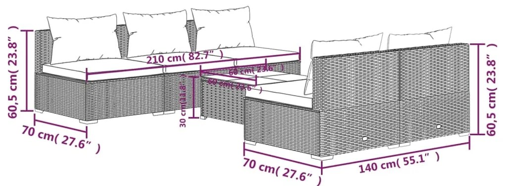 Set Divani da Giardino 6 pz con Cuscini in Polyrattan Marrone