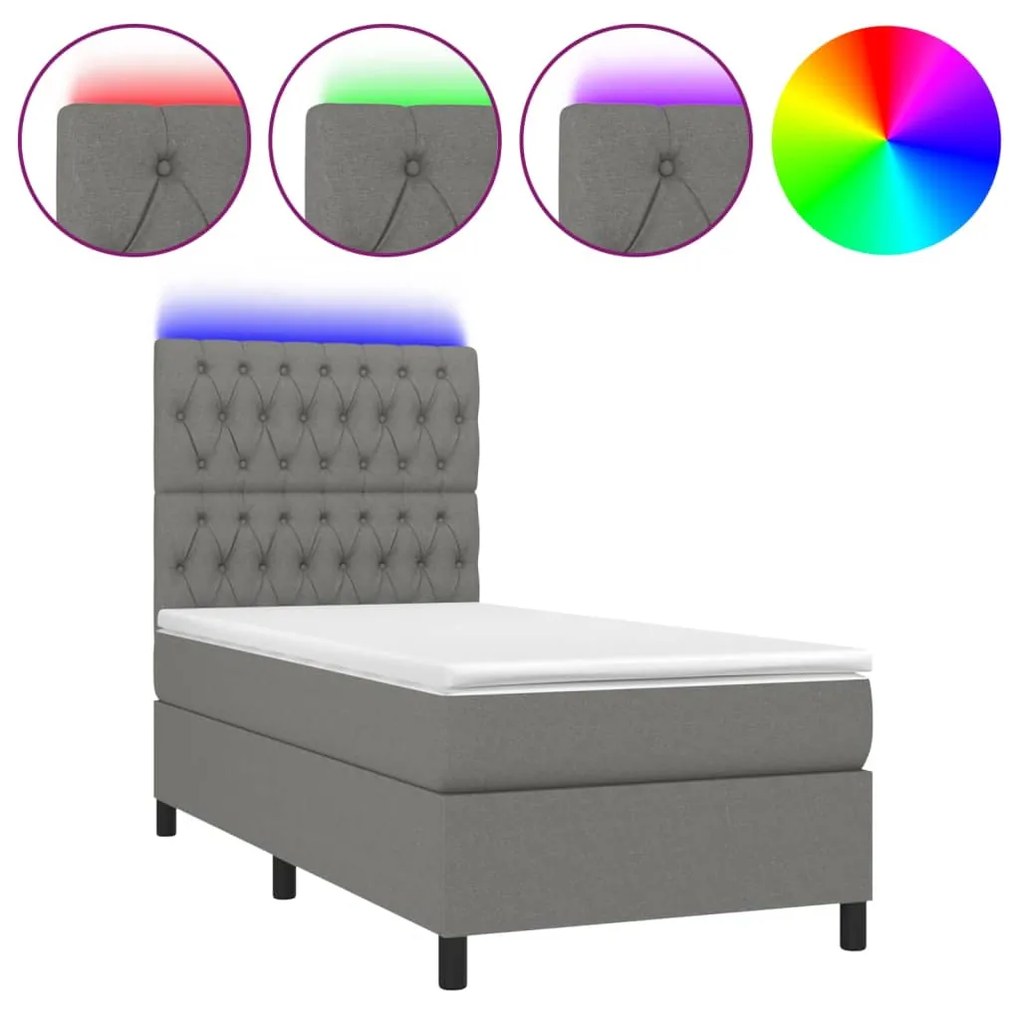 Letto a molle materasso e led grigio scuro 90x200 cm in tessuto