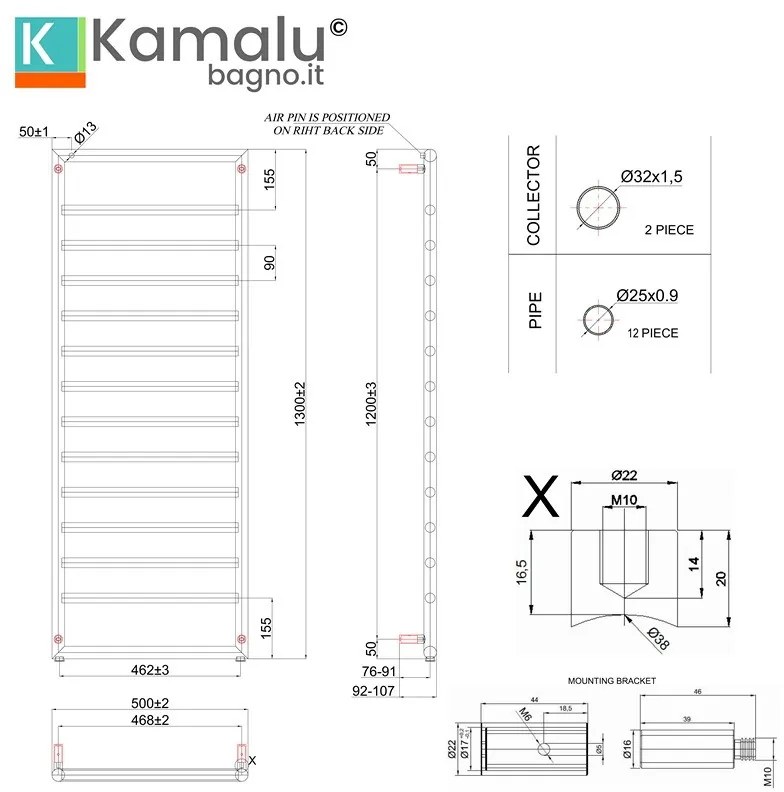 Kamalu - radiatore bagno 1300x500mm cromato interasse 462 mm kam-d7013c