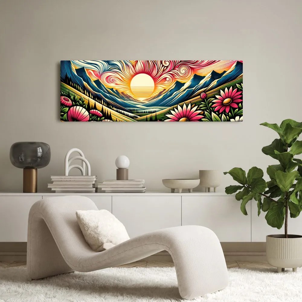 Quadro su tela – Paesaggio solare con fiori e montagne