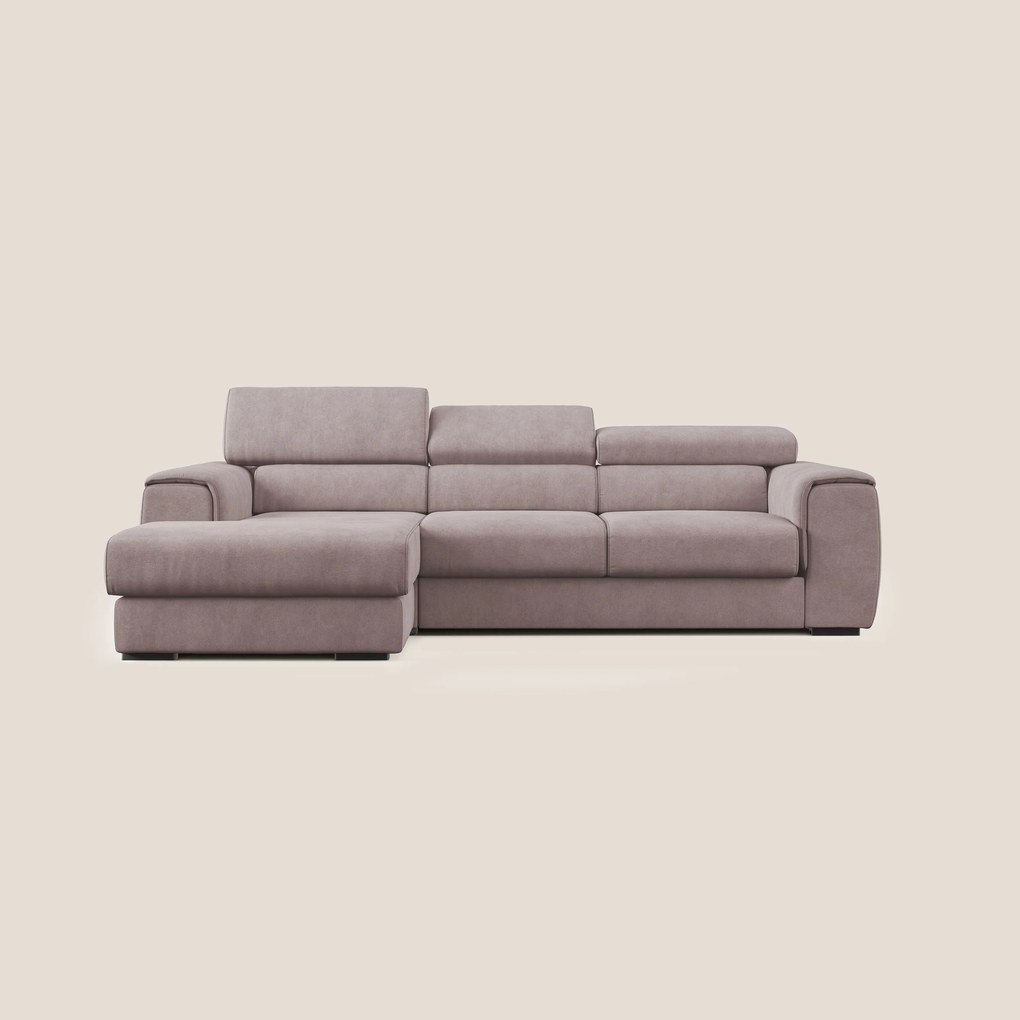 Zeno Divano angolare con pouf estraibile poggiapiedi in tessuto morbido impermeabile T02 rosa