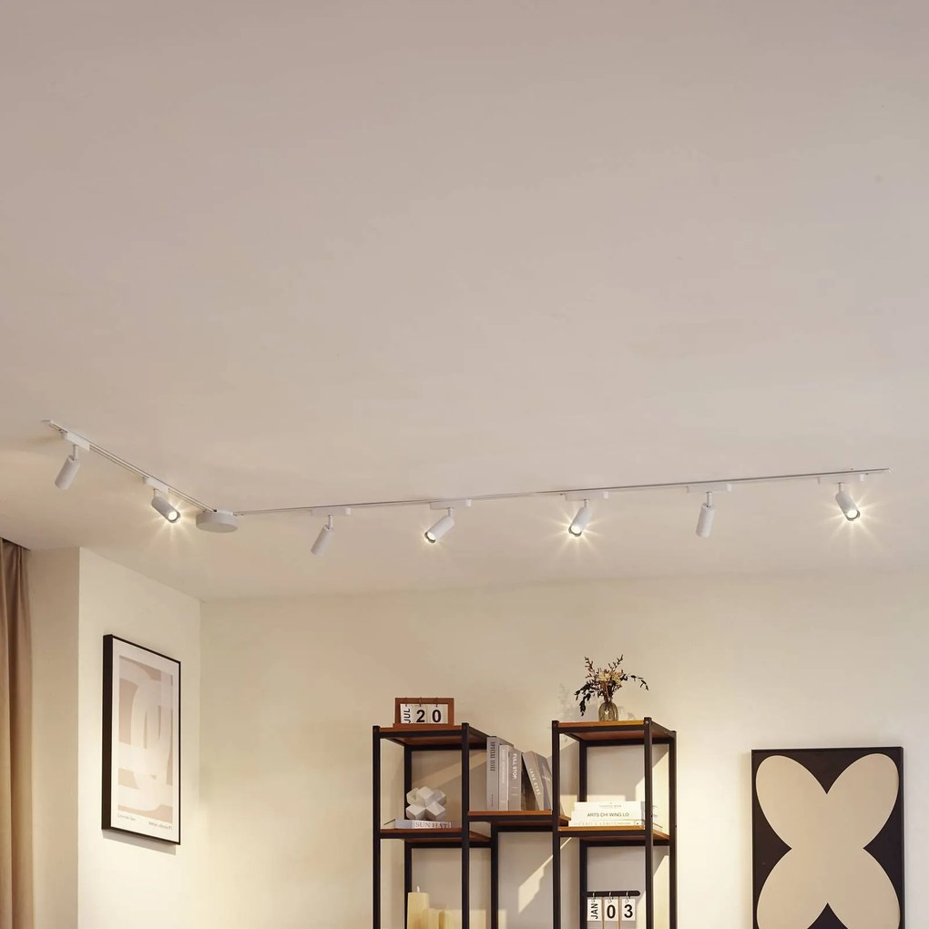 Lindby Sistema a binario 48 V Lumaro, faretti, a 7 luci, bianco, Ø 4 cm, dimmerabile