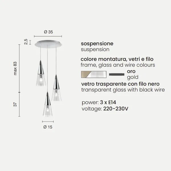 Lampada a sospensione TRENTO con 3 diffusori in vetro soffiato Oro