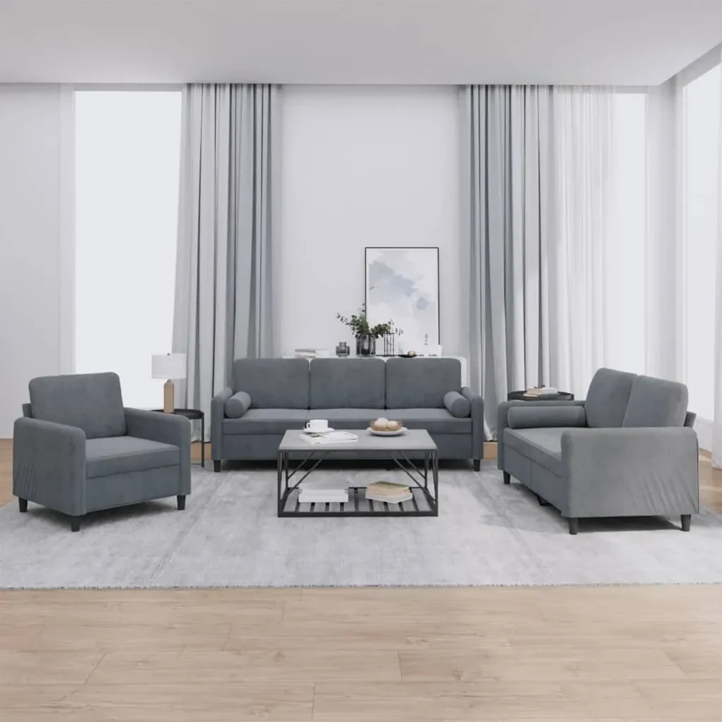 Set di divani 3 pz con cuscini grigio scuro in velluto