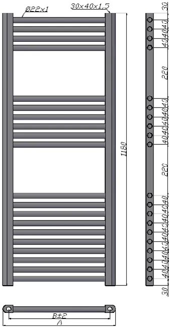 New line k40 radiatore scaldasalviette 45x118 cm  514w 20 tubi interasse 405 mm in ottone cromo