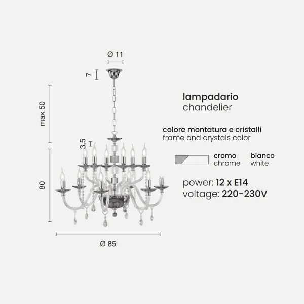 Lampadario sospeso LIVIA D85 cm in vetro e cristallo Bianco 12 luci