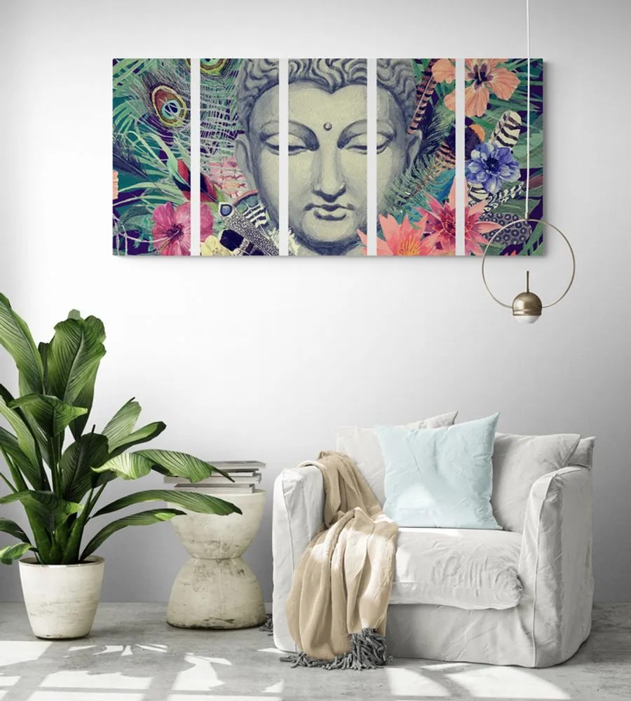 Quadri 5 pezzi – Buddha su sfondo esotico