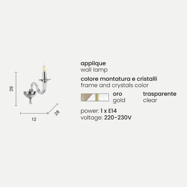 Applique 12 cm RAVEL 1 luce in vetro lavorato a mano Oro