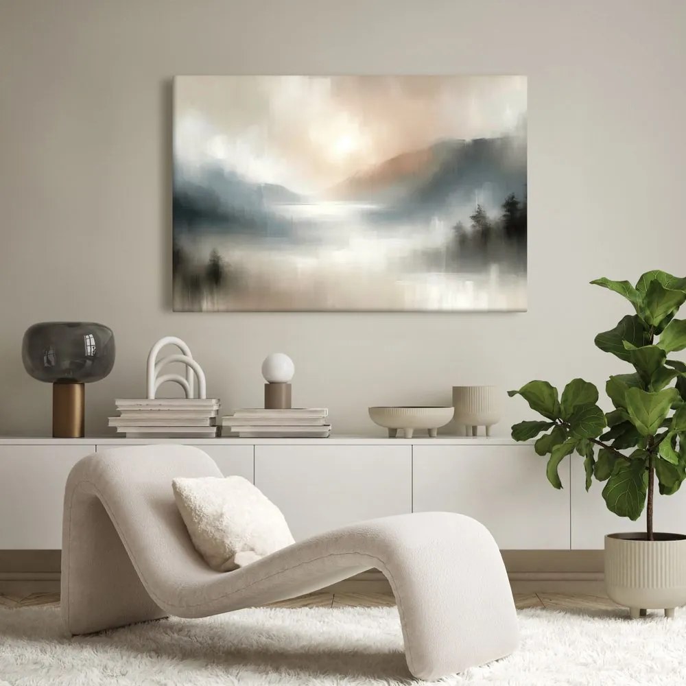 Quadro su tela – Montagne nebbiose e lago