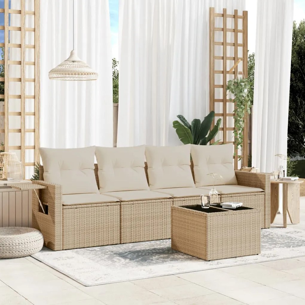 Set Divano da Giardino 5 pz con Cuscini Beige in Polyrattan