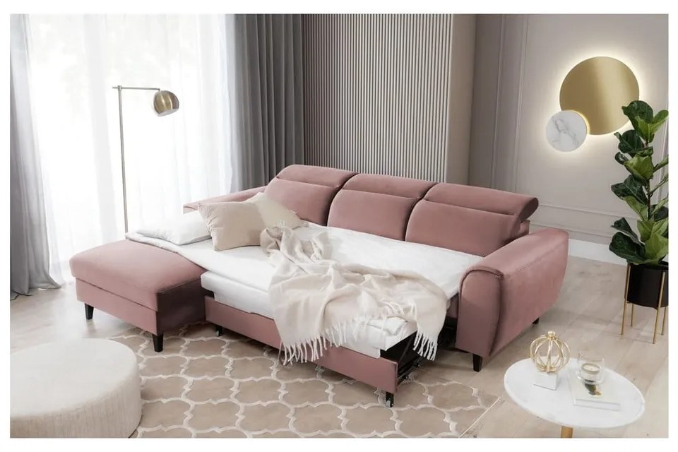 Divano angolare rosa allungabile/con contenitore (con penisola a sinistra/con chaise lounge) e rivestimento in velluto Foble – ELTAP