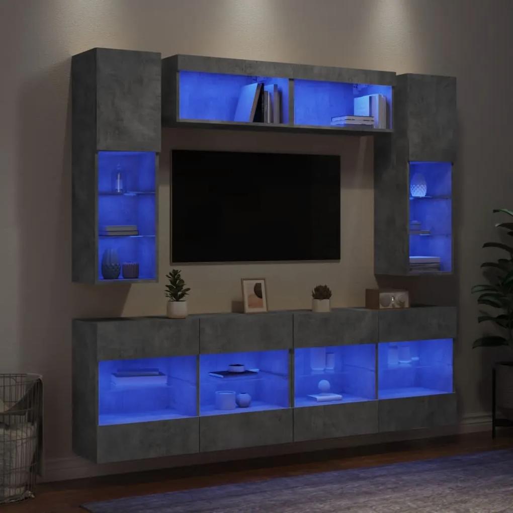 Set Mobili TV a Muro 6 pz con Luci LED Grigio Cemento