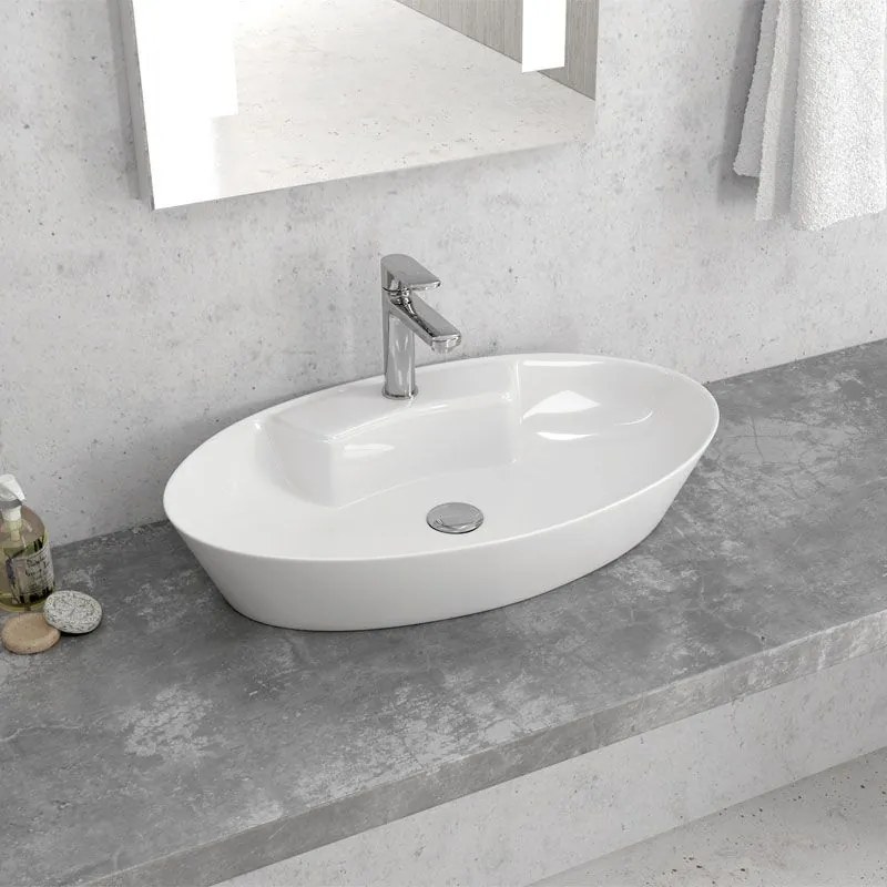 New Line O3 Lavabo ovale 61x36,5 Cm Da Appoggio con bordo rubinetteria In Porcellana Bianca