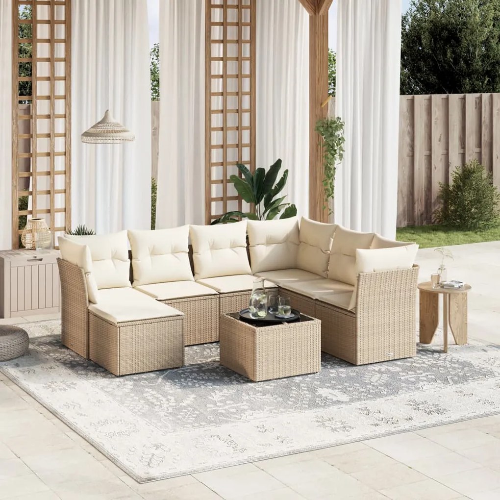 Set divano da giardino 8 pz con cuscini beige in polyrattan