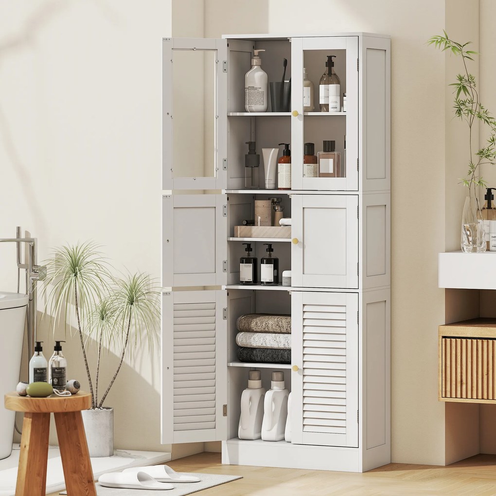 Mobile Bagno 60x30x170 cm con 3 Armadietti a 2 Ante in Vetro e Legno  Bianco...