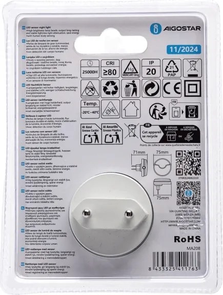 Aigostar - Lampada notturna LED con sensore LED/0,5W/230V 3000K