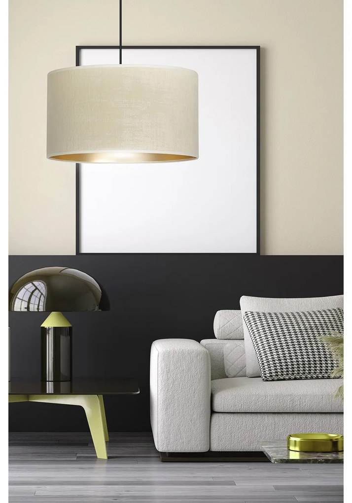 Sospensione 1 Luce Ganesha In Acciaio Nero E Paralume In Tessuto Beige