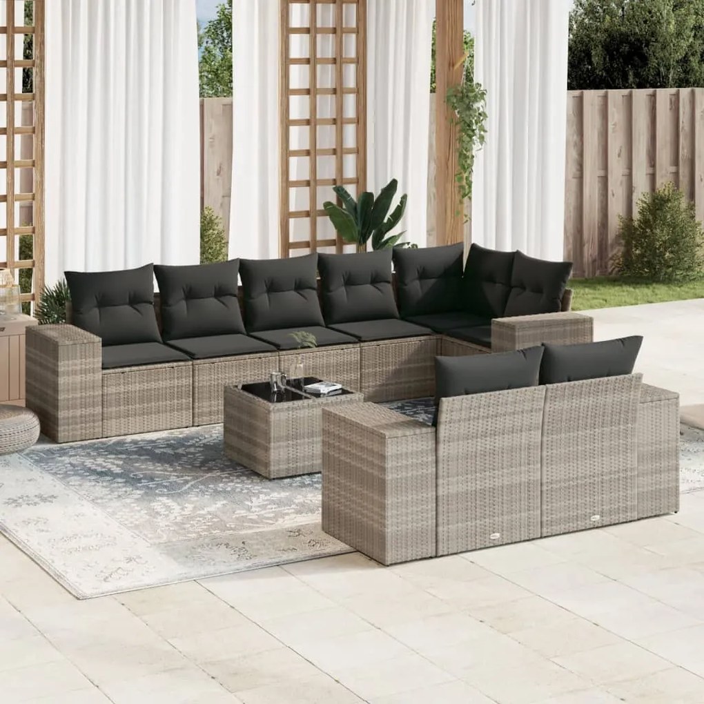 Set divano da giardino 9pz con cuscini grigio chiaro polyrattan