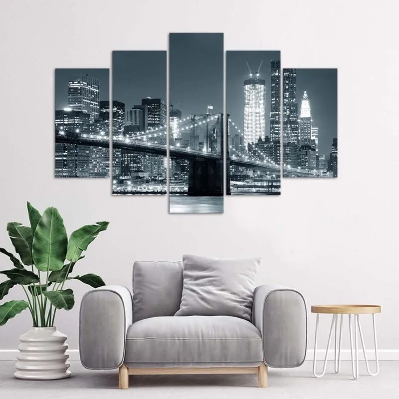 Quadro su tela 5 pannelli Ponte di New York in bianco e nero  Dimensioni 100x70