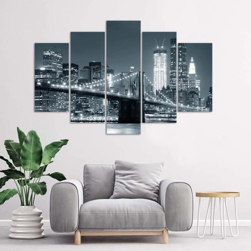 Quadro su tela 5 pannelli Ponte di New York in bianco e nero