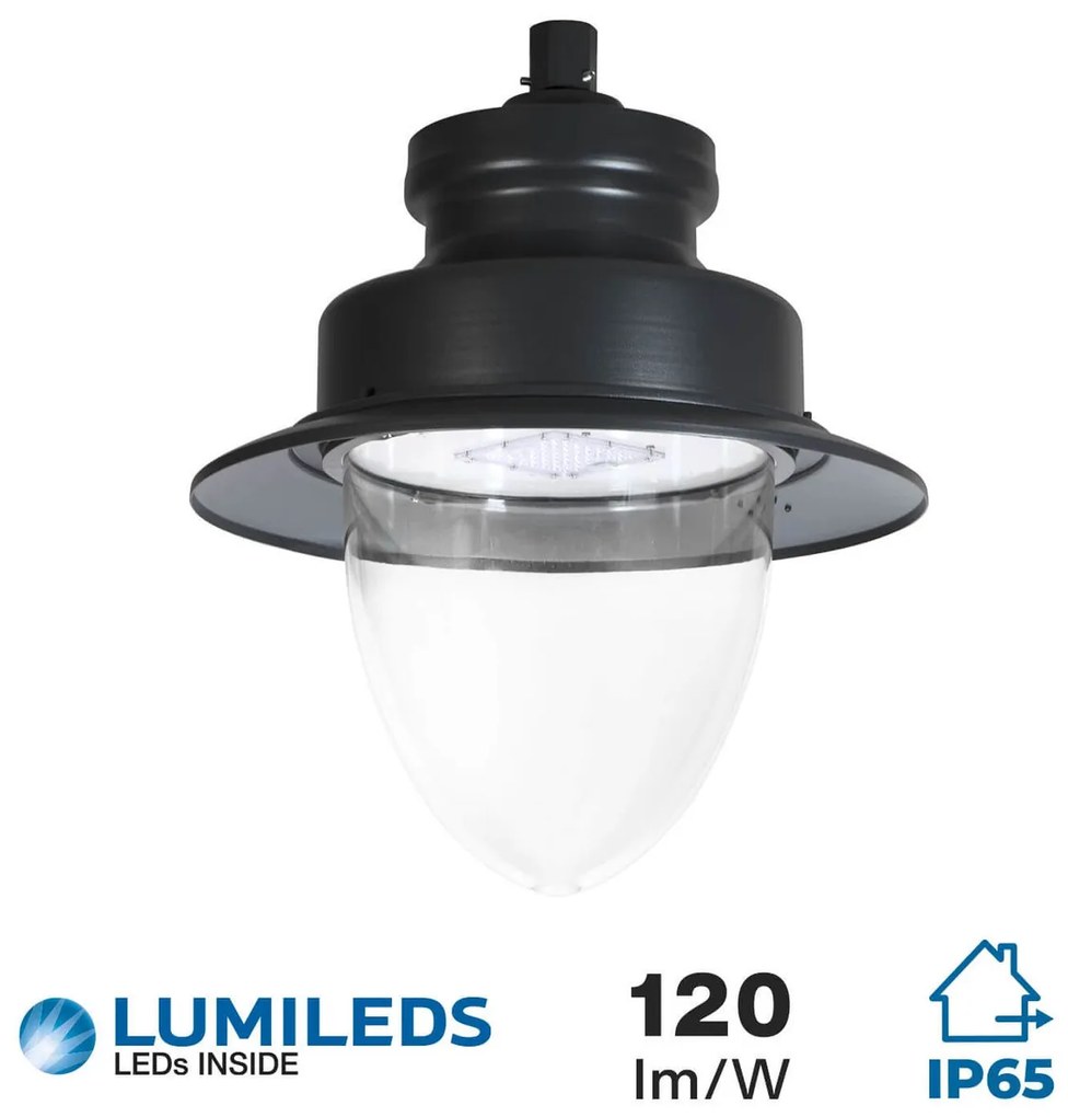 Lampione Stradale 40W LED Lumileds 120lm/w No Flickering Nero Copertura Inclusa Colore Bianco Caldo 2.700K