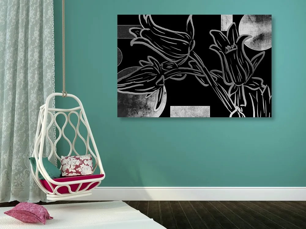 Quadro su tela – Fiori etnici in bianco e nero
