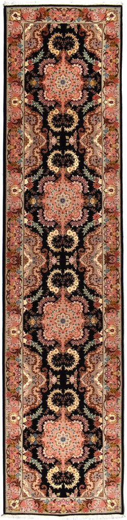 Tabriz Tappeto 410x90 Nero (Iran) Annodato A Mano