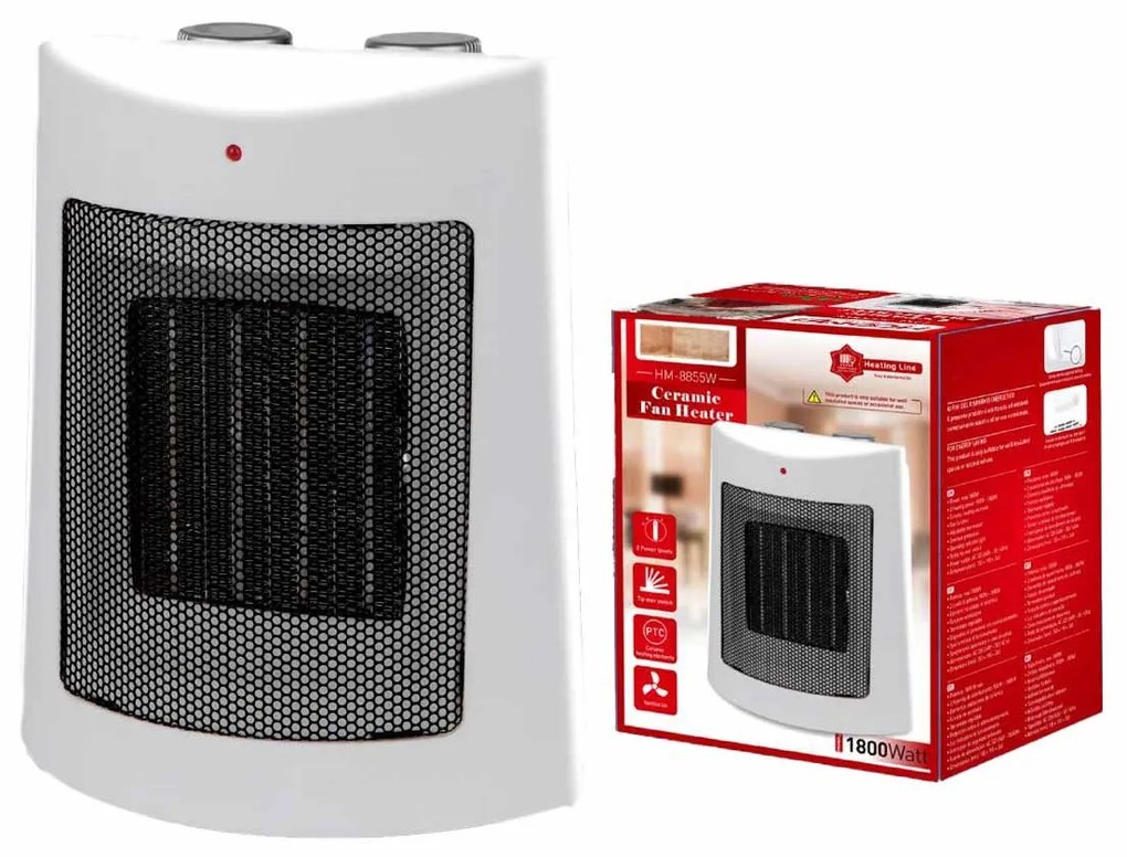 Termoventilatore in Ceramica con Potenza Regolabile 900W 1800W con Autoprotezione Surriscaldamento Rettangolare Bianco