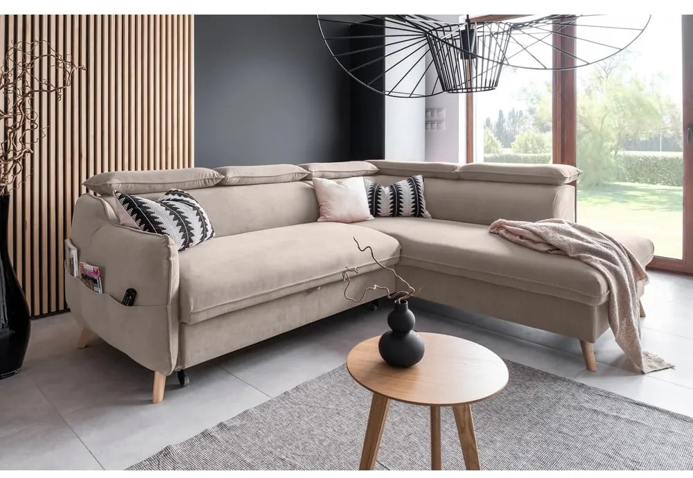 Divano letto angolare in velluto beige (angolo destro) Sweet Harmony - Miuform