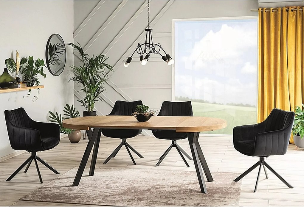 Tavolo Domingo allungabile rotondo in impiallacciato rovere e struttura in metallo nero – Ø100/150/200/250x76 cm