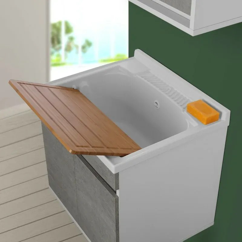Mobile lavatoio sospeso 60 cm cemento completo di vasca e asse lavapanni