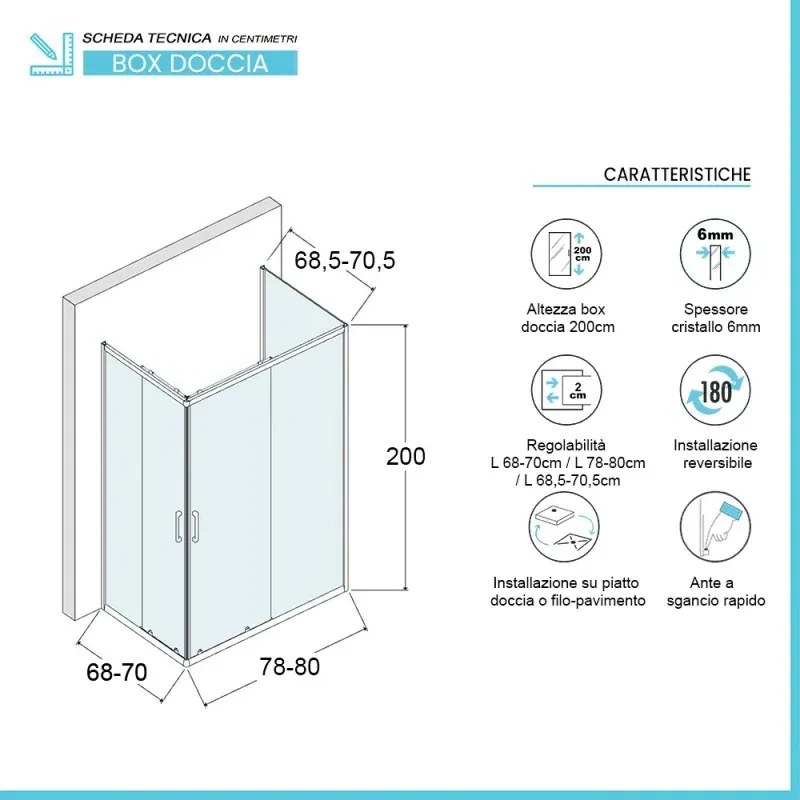 Box doccia 70x80x70 cm con doppio scorrevole trasparente H 200 cm Ted