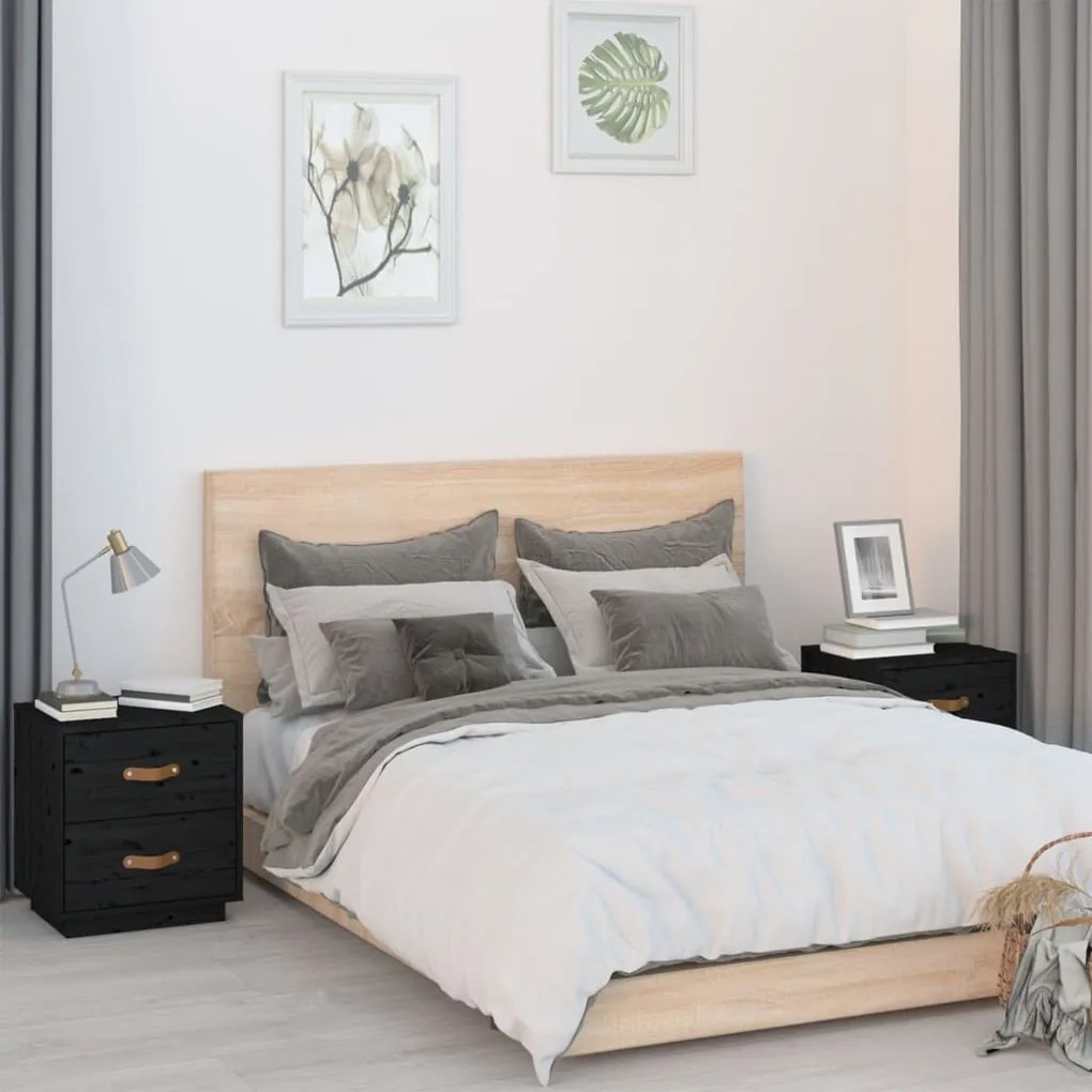 Comodini Neri 2 Pz 40x34x45 Cm İn Legno Massello Di Pino /