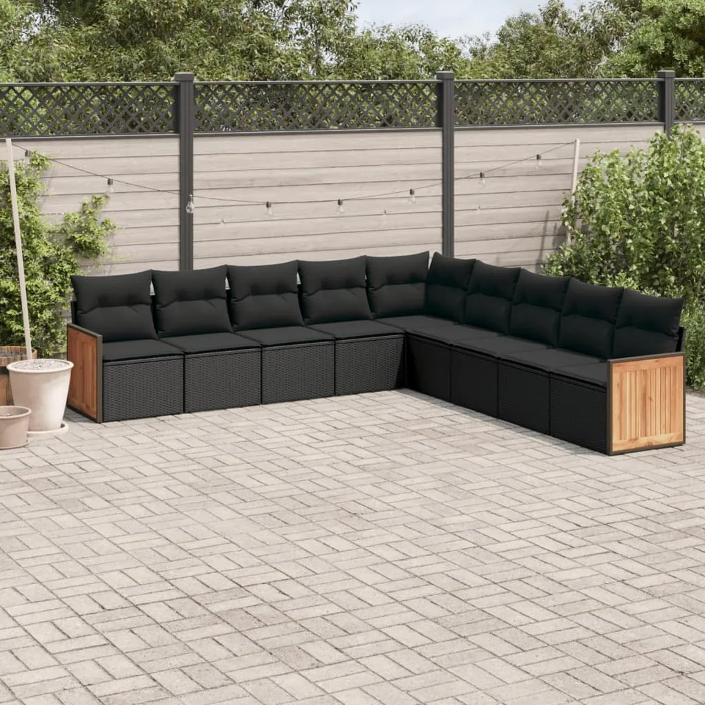 Set Divani da Giardino 9 pz con Cuscini Nero in Polyrattan