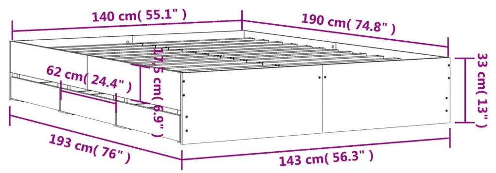 Giroletto con Cassetti Rovere Fumo 140x190 cm Legno Multistrato