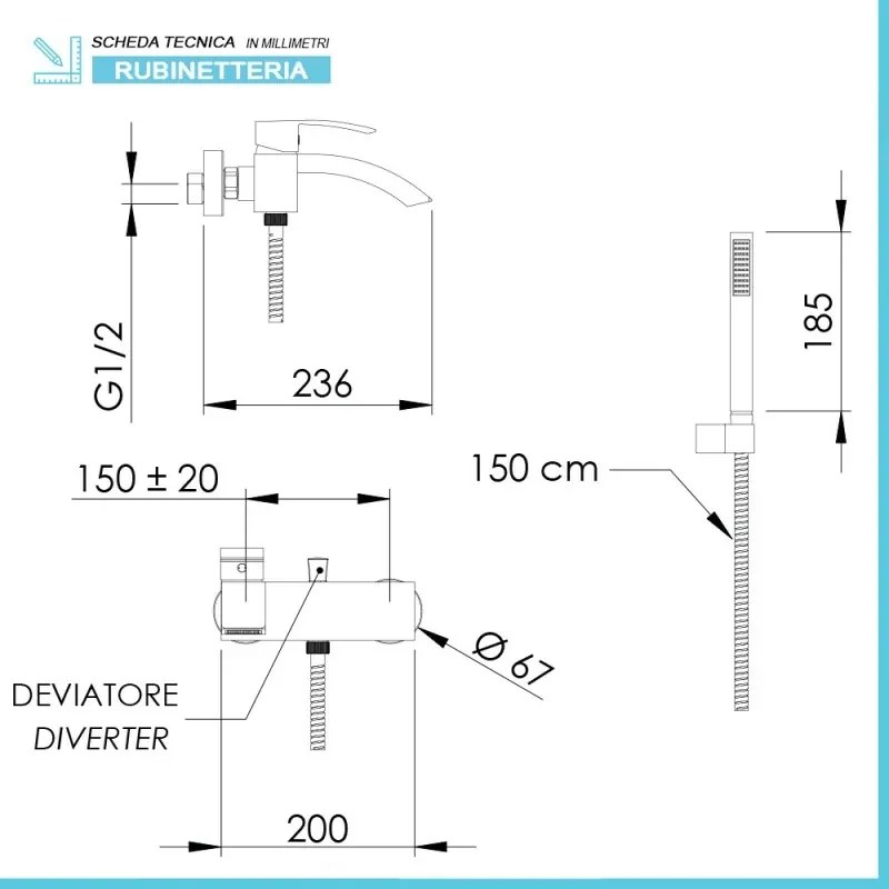 Miscelatore vasca esterno con accessori in ottone cromato Mariani linea Marte
