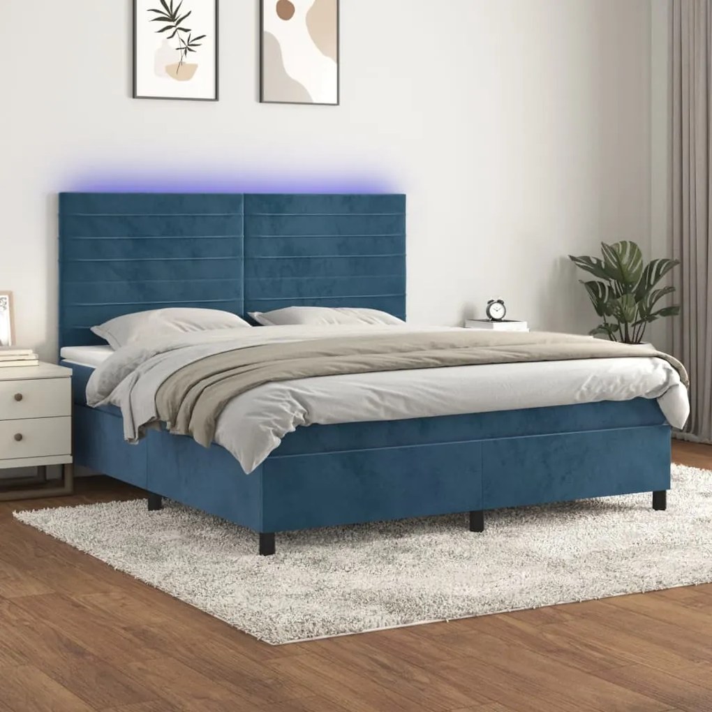 Letto a Molle con Materasso e LED Blu Scuro 180x200 cm