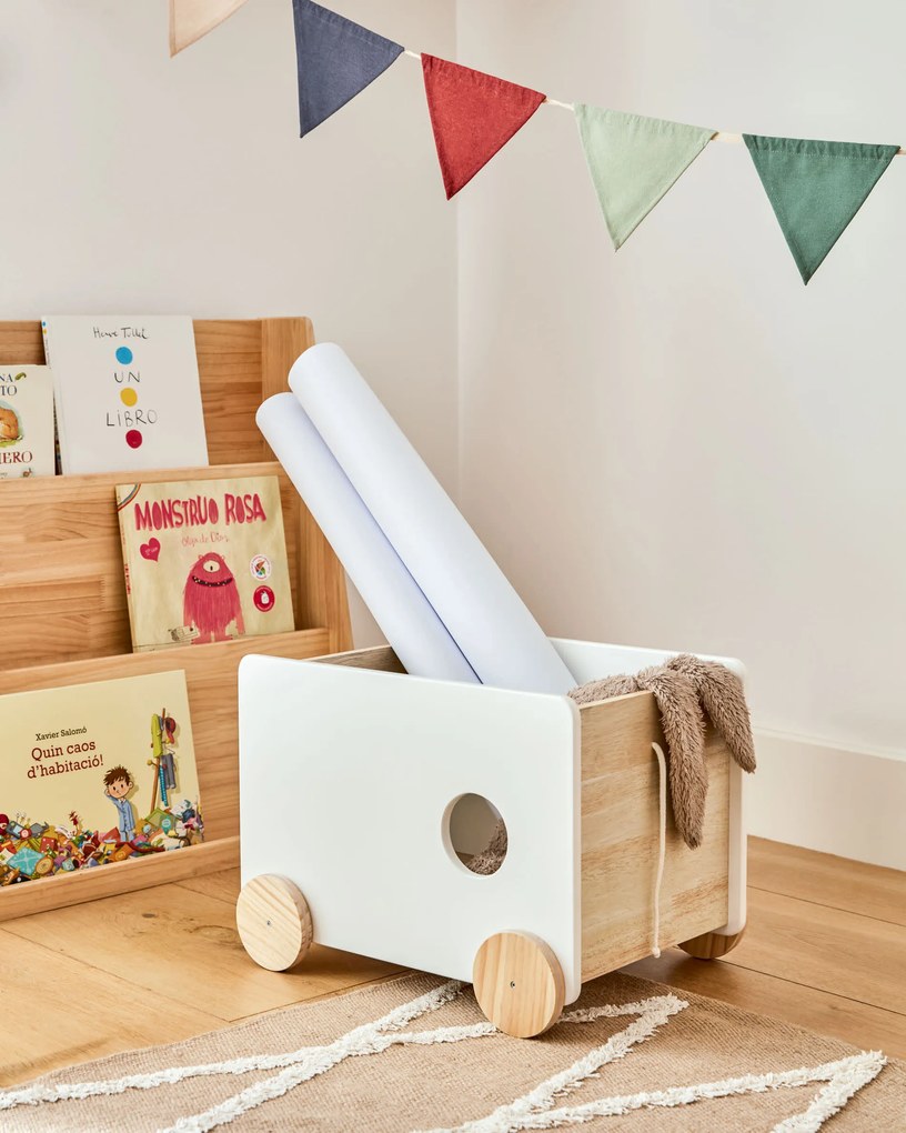 Kave Home - Carrellino portaoggetti Bianina in legno massello di pino naturale e MDF bianco